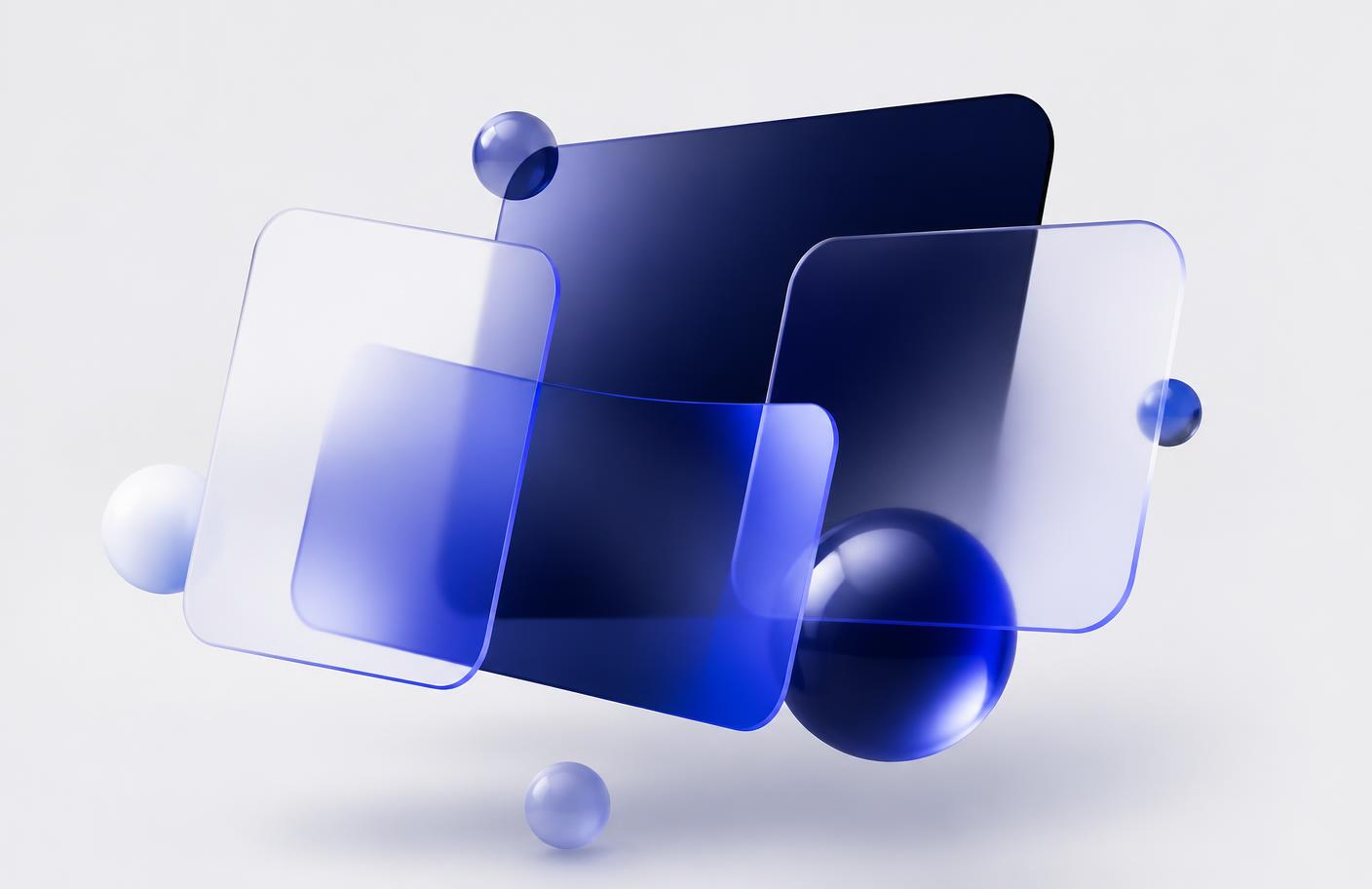 Abstract 3D composition of floating glass panels in navy and indigo